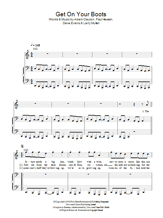 U2 Get On Your Boots sheet music notes and chords arranged for Piano, Vocal & Guitar Chords