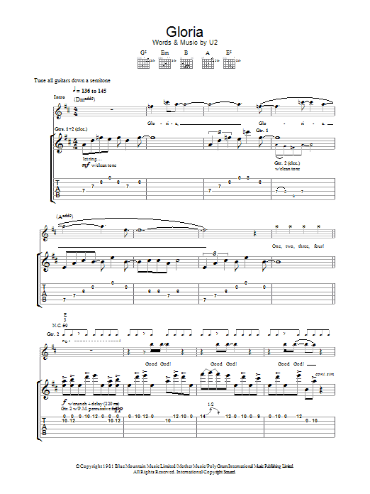U2 Gloria sheet music notes and chords arranged for Guitar Tab