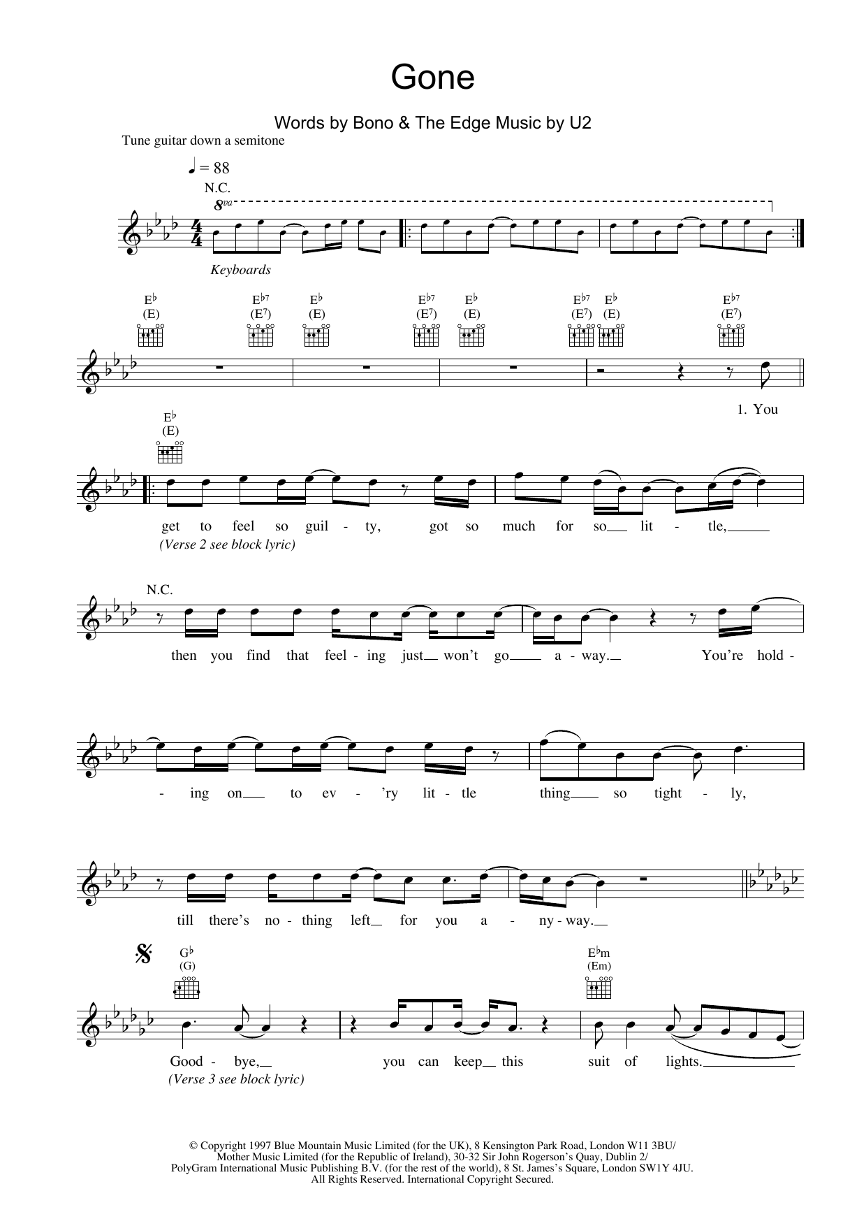 U2 Gone sheet music notes and chords arranged for Piano, Vocal & Guitar Chords (Right-Hand Melody)