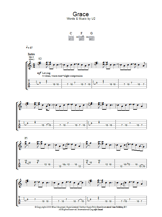 U2 Grace sheet music notes and chords arranged for Guitar Tab