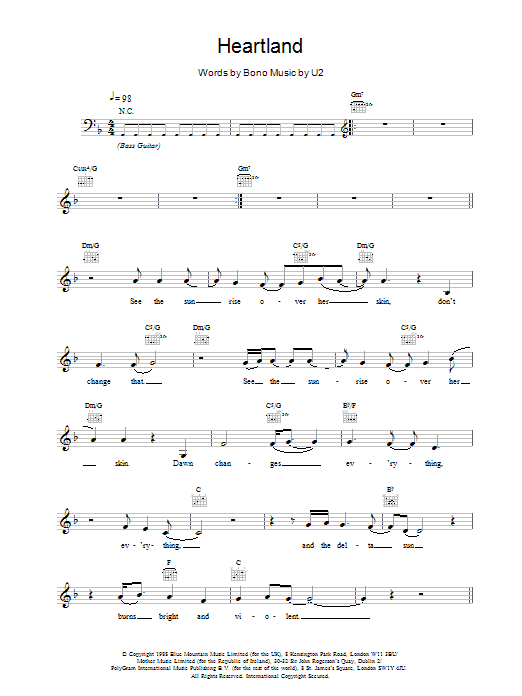 U2 Heartland sheet music notes and chords arranged for Lead Sheet / Fake Book