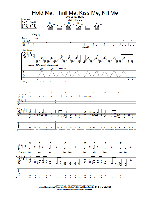 U2 Hold Me, Thrill Me, Kiss Me, Kill Me sheet music notes and chords arranged for Guitar Tab