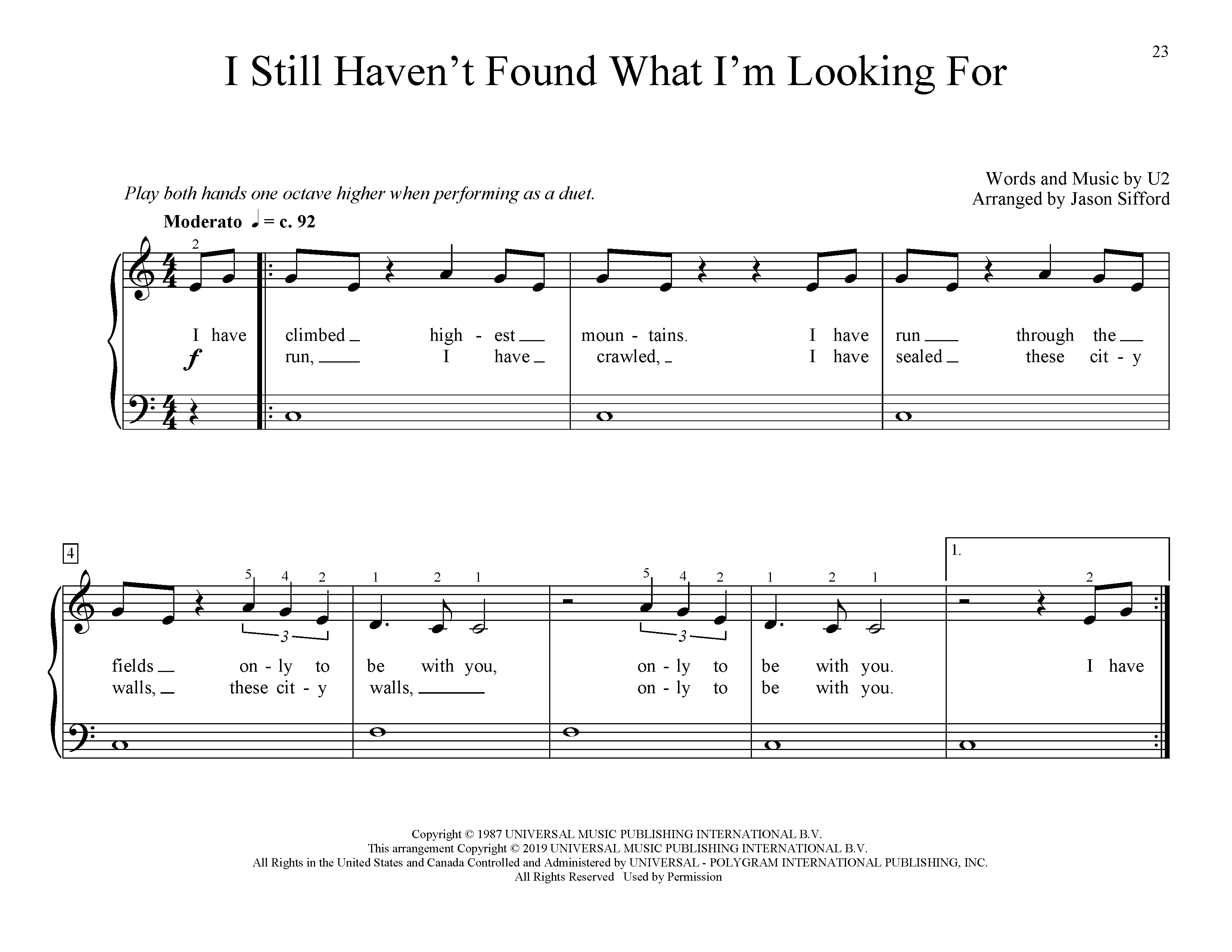 U2 I Still Haven't Found What I'm Looking For (arr. Jason Sifford) sheet music notes and chords arranged for Educational Piano