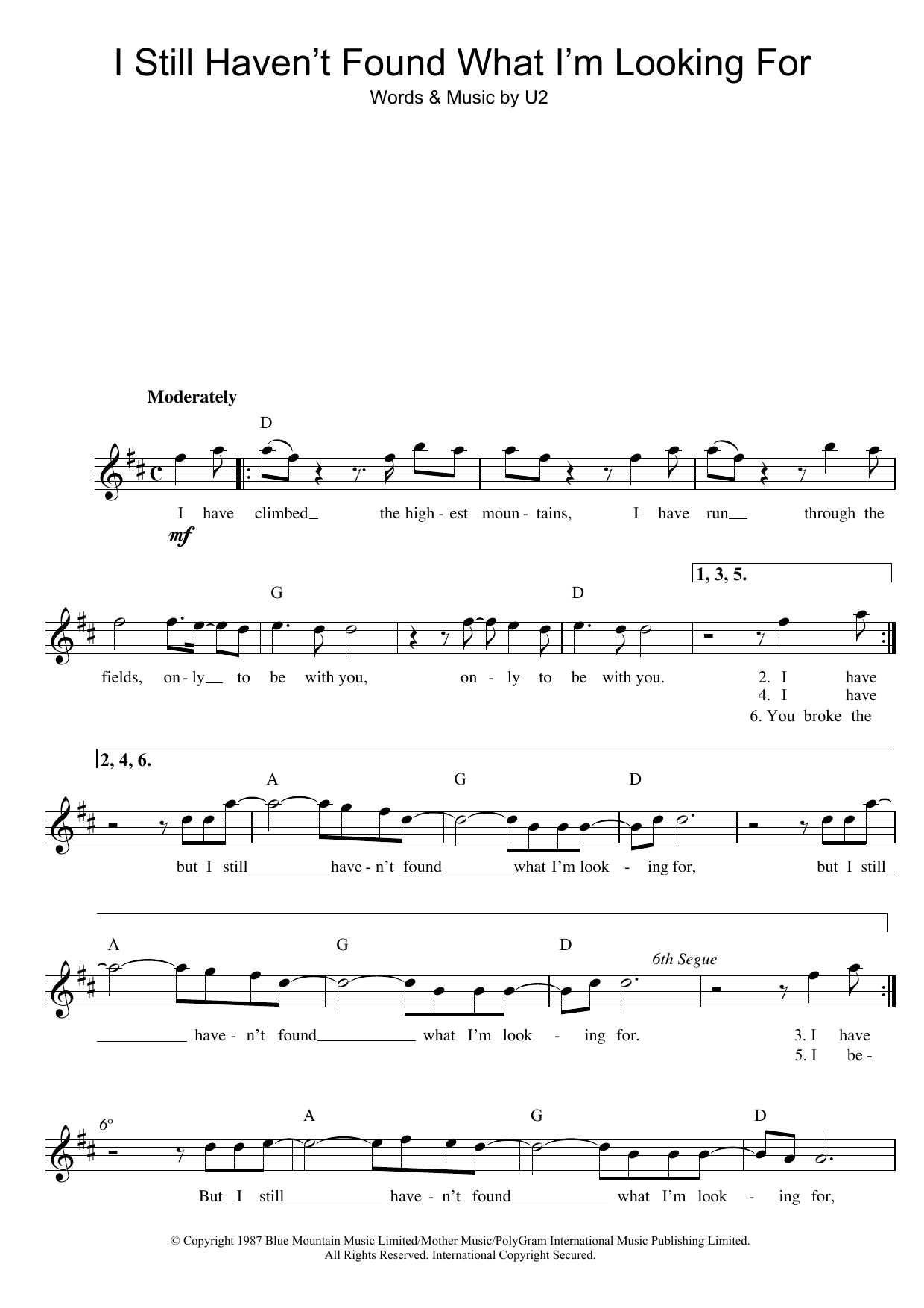 U2 I Still Haven't Found What I'm Looking For sheet music notes and chords arranged for Super Easy Piano
