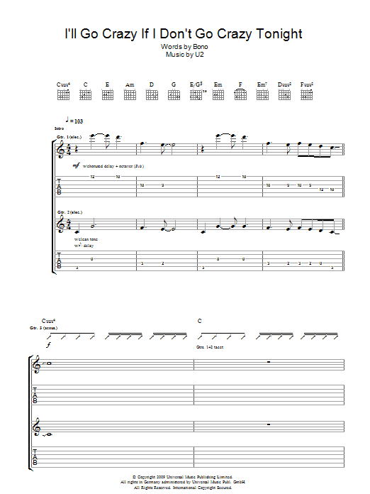 U2 I'll Go Crazy If I Don't Go Crazy Tonight sheet music notes and chords arranged for Piano, Vocal & Guitar Chords
