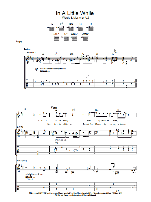 U2 In A Little While sheet music notes and chords arranged for Guitar Chords/Lyrics