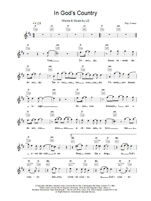 U2 In God's Country sheet music notes and chords arranged for Guitar Tab