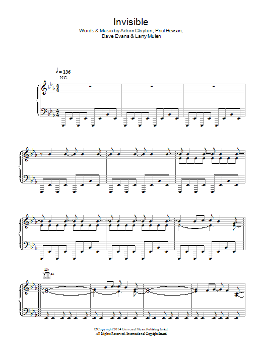 U2 Invisible sheet music notes and chords arranged for Piano, Vocal & Guitar Chords