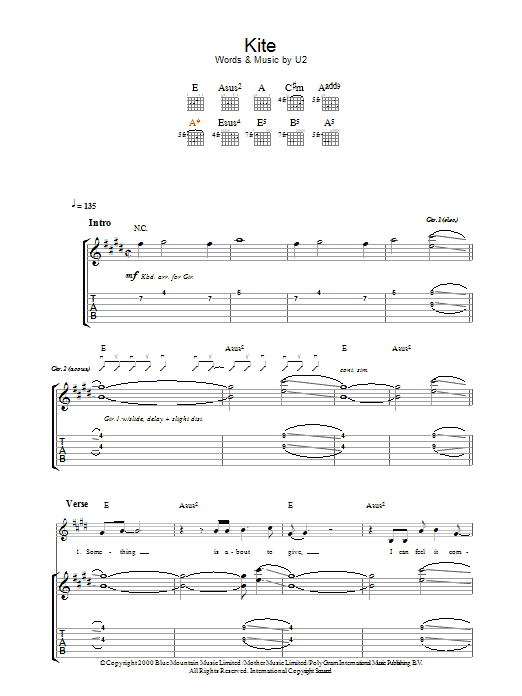U2 Kite sheet music notes and chords arranged for Guitar Tab