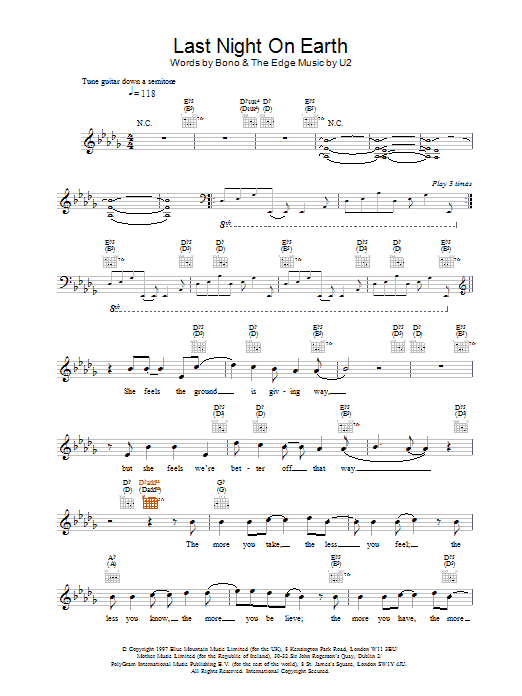 U2 Last Night On Earth sheet music notes and chords arranged for Lead Sheet / Fake Book