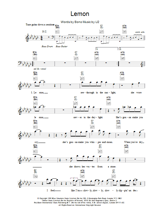 U2 Lemon sheet music notes and chords arranged for Lead Sheet / Fake Book