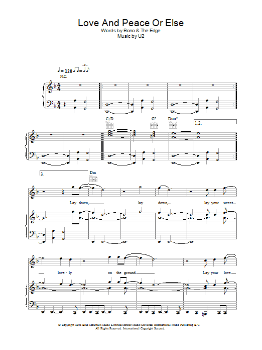U2 Love And Peace Or Else sheet music notes and chords arranged for Piano, Vocal & Guitar Chords