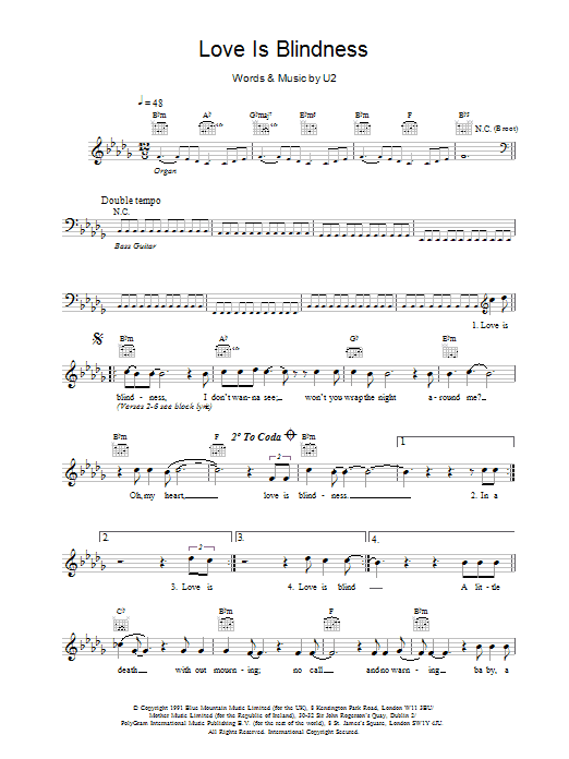 U2 Love Is Blindness sheet music notes and chords arranged for Piano, Vocal & Guitar Chords (Right-Hand Melody)