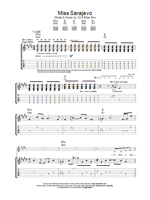 U2 Miss Sarajevo sheet music notes and chords arranged for Guitar Tab