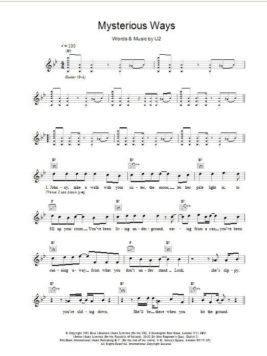 U2 Mysterious Ways sheet music notes and chords arranged for Piano, Vocal & Guitar Chords (Right-Hand Melody)