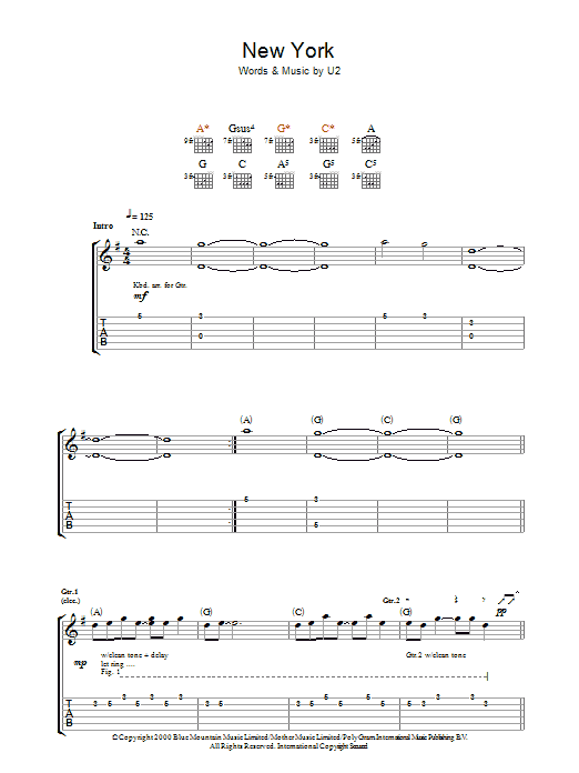 U2 New York sheet music notes and chords arranged for Guitar Tab