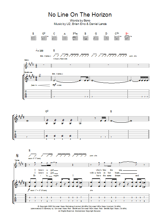 U2 No Line On The Horizon sheet music notes and chords arranged for Guitar Tab