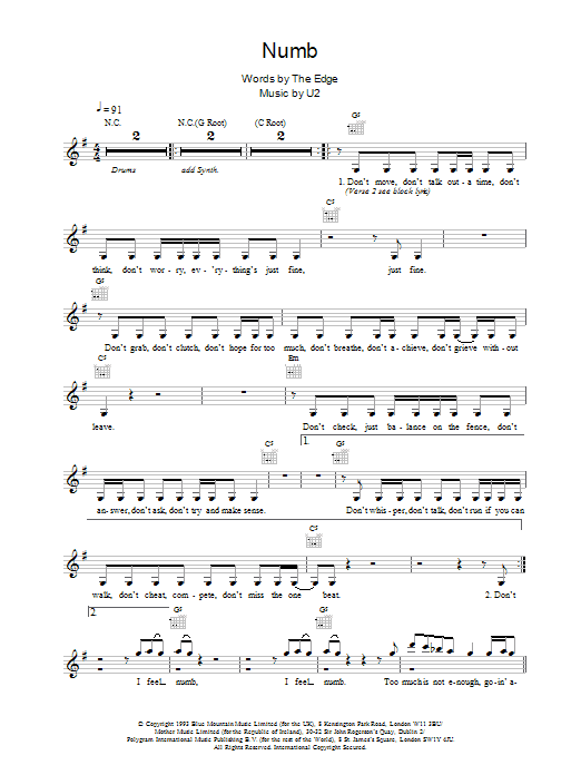 U2 Numb sheet music notes and chords arranged for Guitar Tab