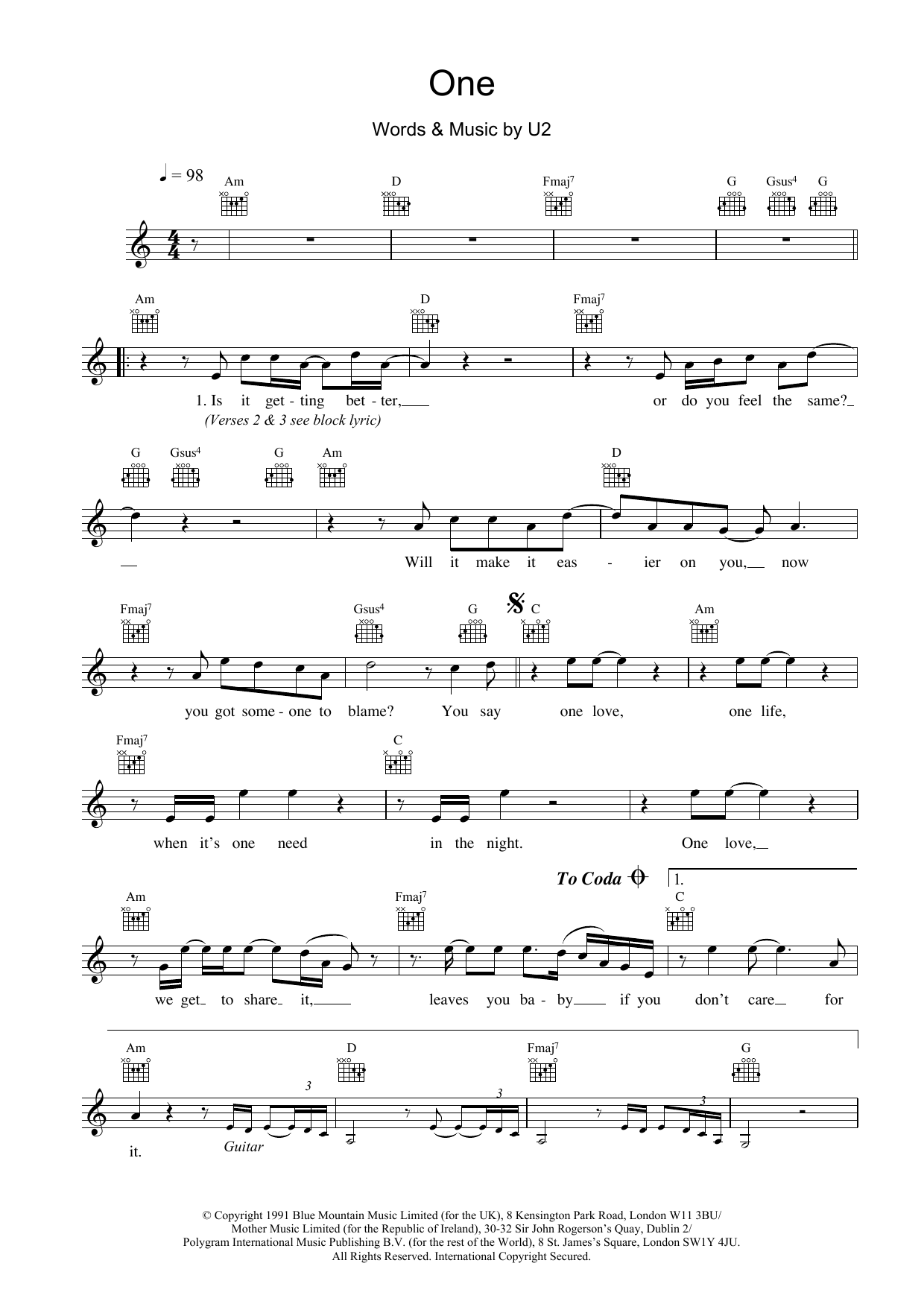 U2 One sheet music notes and chords arranged for Piano, Vocal & Guitar Chords (Right-Hand Melody)