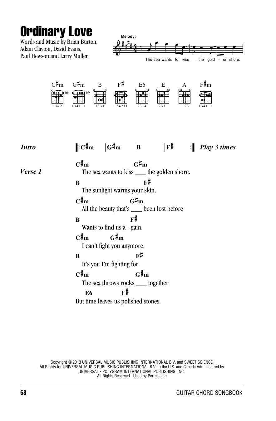 U2 Ordinary Love sheet music notes and chords arranged for Guitar Chords/Lyrics