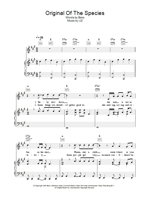 U2 Original Of The Species sheet music notes and chords arranged for Piano, Vocal & Guitar Chords