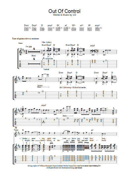 U2 Out Of Control sheet music notes and chords arranged for Guitar Tab