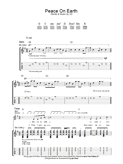 U2 Peace On Earth sheet music notes and chords arranged for Guitar Tab