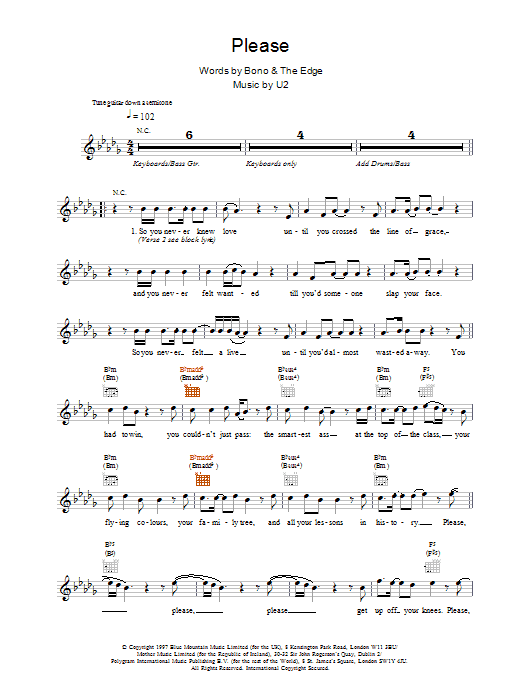 U2 Please sheet music notes and chords arranged for Lead Sheet / Fake Book