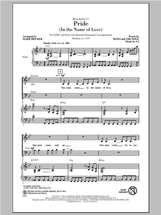 U2 Pride (In The Name Of Love) (arr. Mark Brymer) sheet music notes and chords arranged for SATB Choir