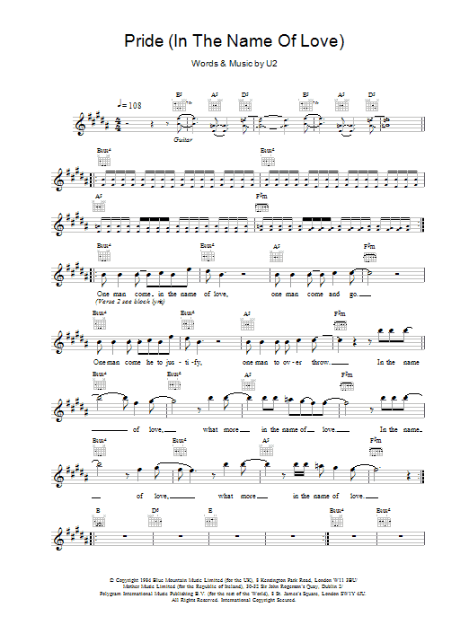 U2 Pride (In The Name Of Love) sheet music notes and chords arranged for Piano, Vocal & Guitar Chords (Right-Hand Melody)