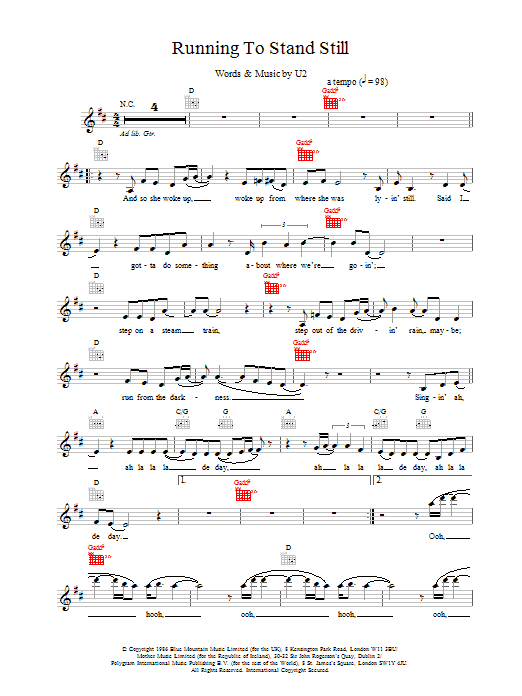 U2 Running To Stand Still sheet music notes and chords arranged for Piano, Vocal & Guitar Chords