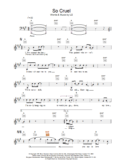 U2 So Cruel sheet music notes and chords arranged for Piano, Vocal & Guitar Chords (Right-Hand Melody)