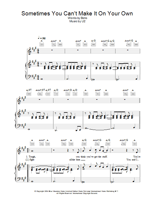 U2 Sometimes You Can't Make It On Your Own sheet music notes and chords arranged for Piano Chords/Lyrics