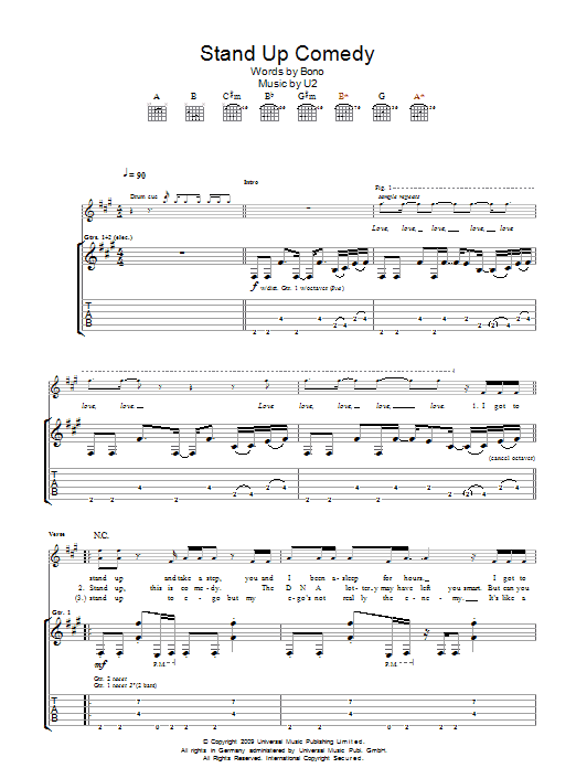 U2 Stand Up Comedy sheet music notes and chords arranged for Piano, Vocal & Guitar Chords