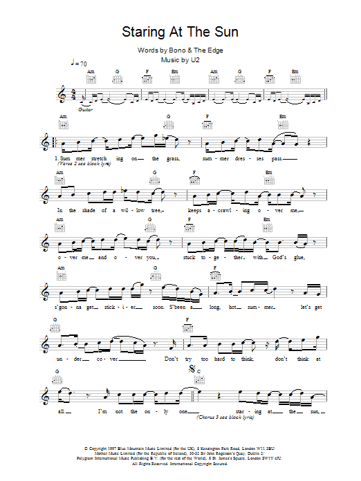 U2 Staring At The Sun sheet music notes and chords arranged for Piano, Vocal & Guitar Chords (Right-Hand Melody)