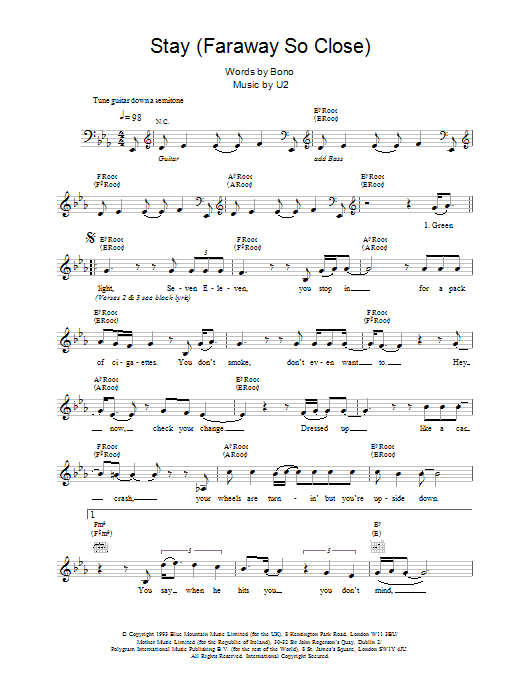 U2 Stay (Faraway, So Close) sheet music notes and chords arranged for Guitar Tab