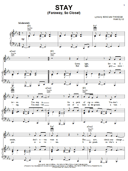 U2 Stay (Faraway, So Close!) sheet music notes and chords arranged for Guitar Chords/Lyrics
