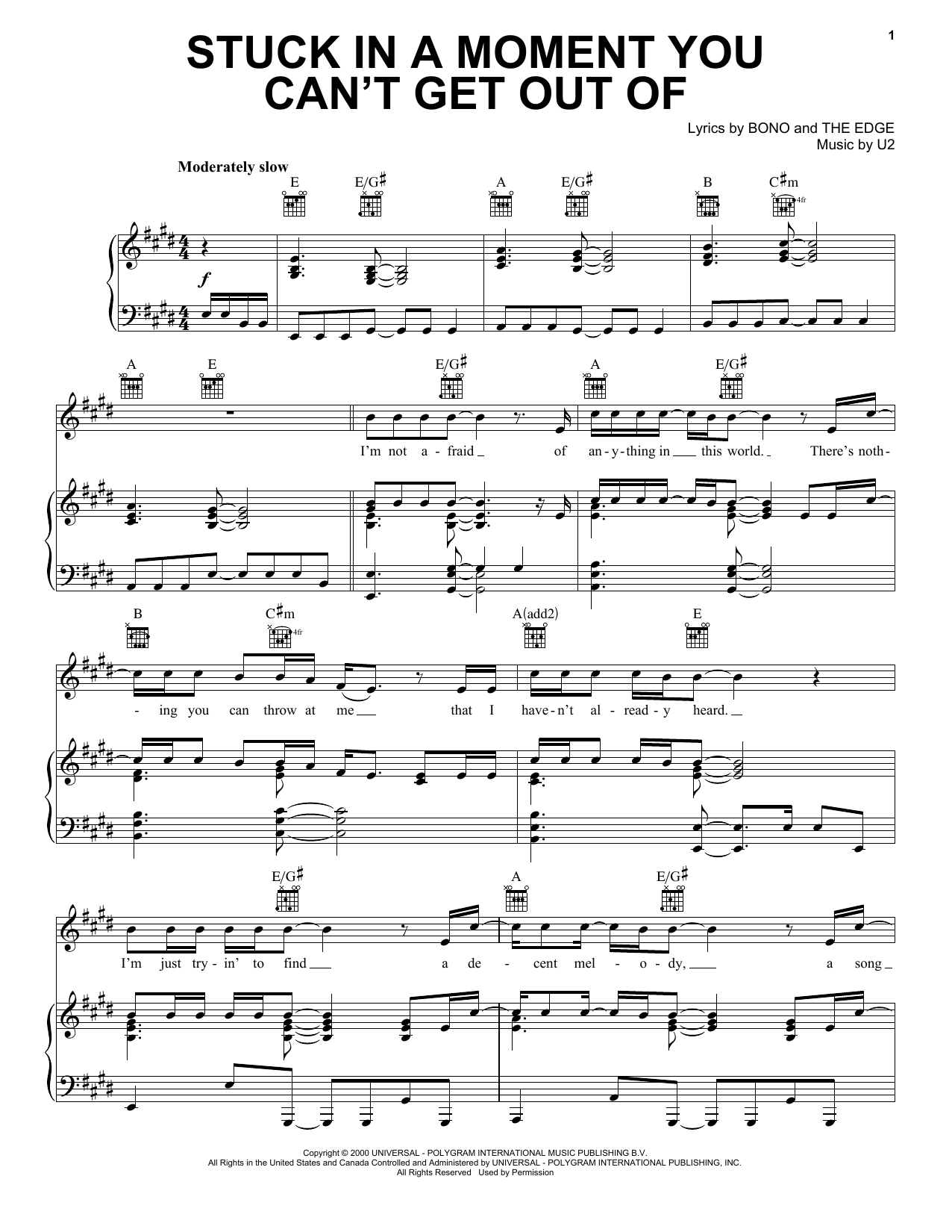 U2 Stuck In A Moment You Can't Get Out Of sheet music notes and chords arranged for Easy Piano