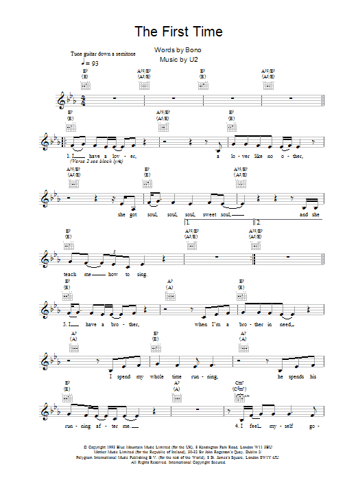 U2 The First Time sheet music notes and chords arranged for Guitar Tab