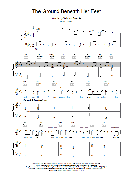 U2 The Ground Beneath Her Feet sheet music notes and chords arranged for Piano, Vocal & Guitar Chords