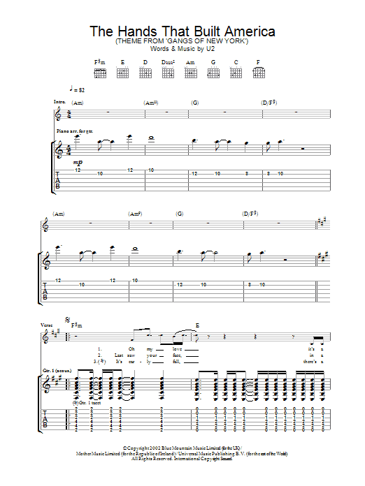 U2 The Hands That Built America sheet music notes and chords arranged for Guitar Tab