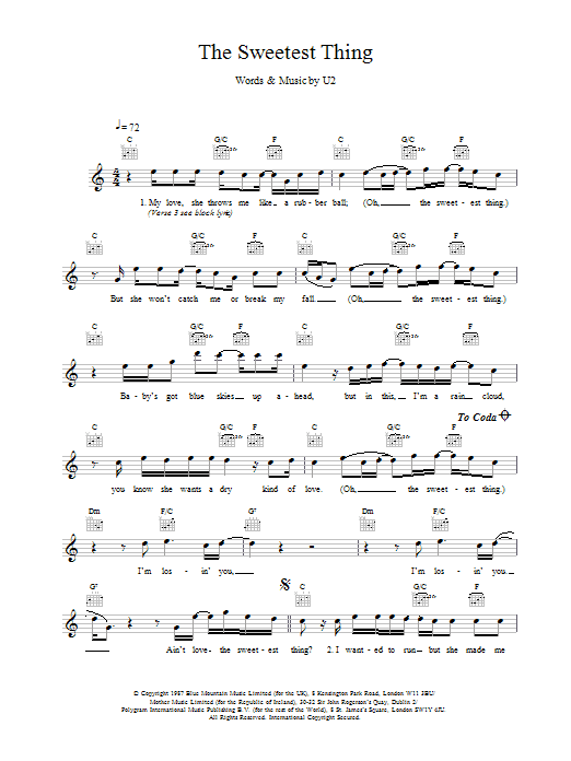 U2 The Sweetest Thing sheet music notes and chords arranged for Lead Sheet / Fake Book