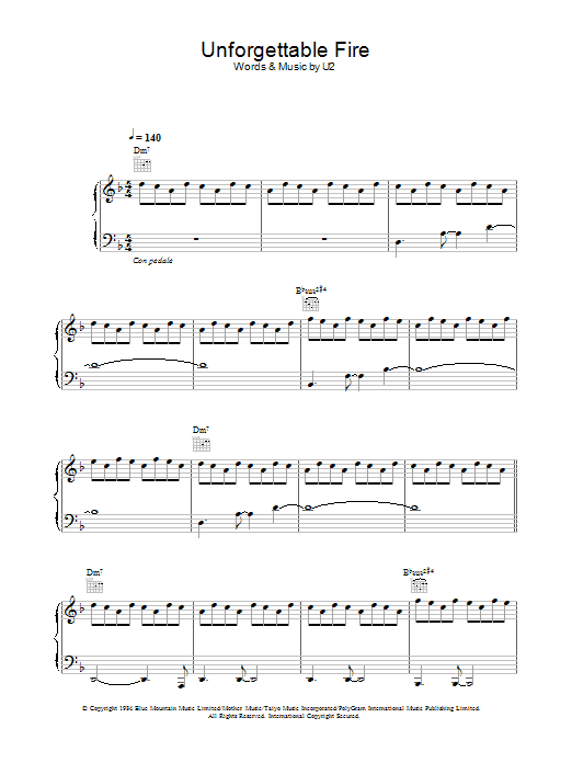 U2 The Unforgettable Fire sheet music notes and chords arranged for Piano, Vocal & Guitar Chords
