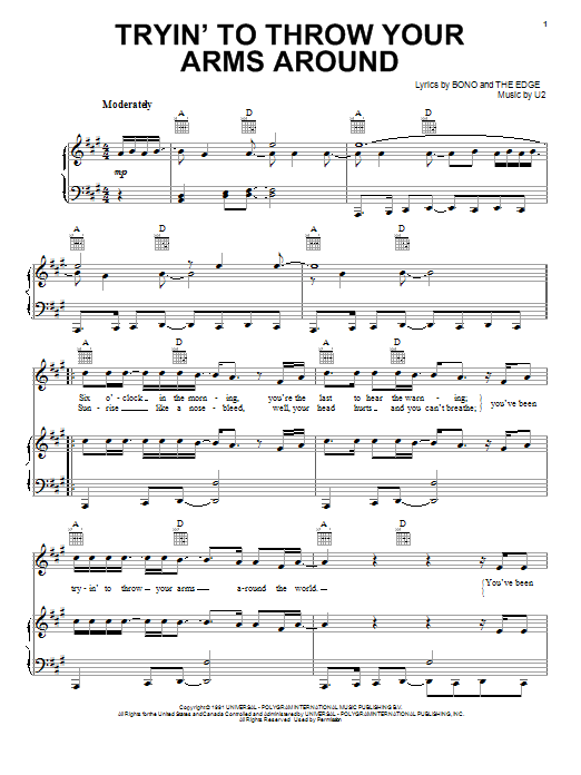 U2 Tryin' To Throw Your Arms Around sheet music notes and chords arranged for Piano, Vocal & Guitar Chords (Right-Hand Melody)