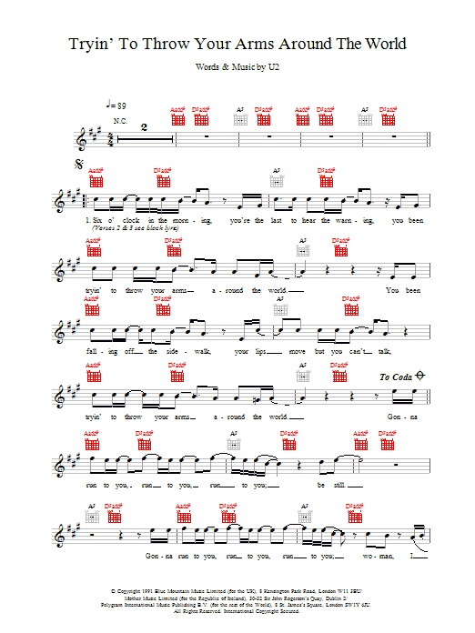 U2 Tryin' To Throw Your Arms Around The World sheet music notes and chords arranged for Lead Sheet / Fake Book
