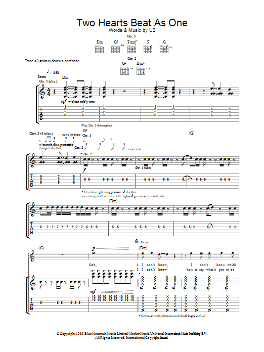 U2 Two Hearts Beat As One sheet music notes and chords arranged for Guitar Tab