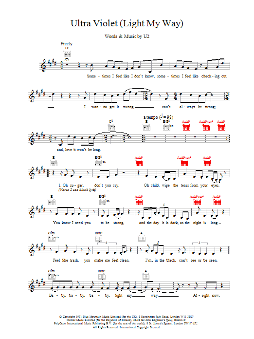 U2 Ultra Violet (Light My Way) sheet music notes and chords arranged for Lead Sheet / Fake Book
