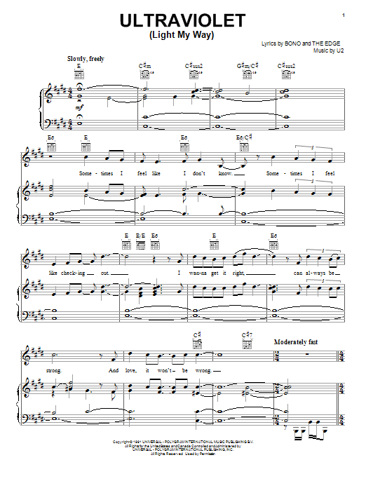 U2 Ultraviolet (Light My Way) sheet music notes and chords arranged for Piano, Vocal & Guitar Chords (Right-Hand Melody)