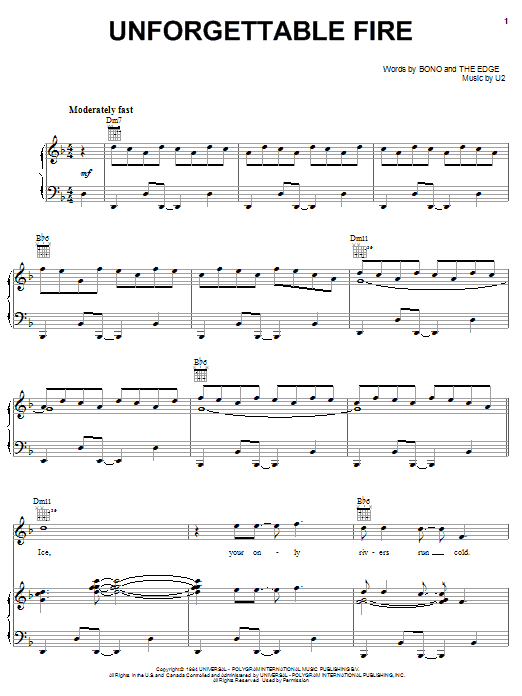 U2 Unforgettable Fire sheet music notes and chords arranged for Piano, Vocal & Guitar Chords (Right-Hand Melody)