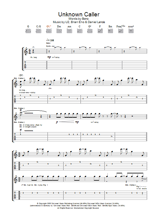 U2 Unknown Caller sheet music notes and chords arranged for Piano, Vocal & Guitar Chords
